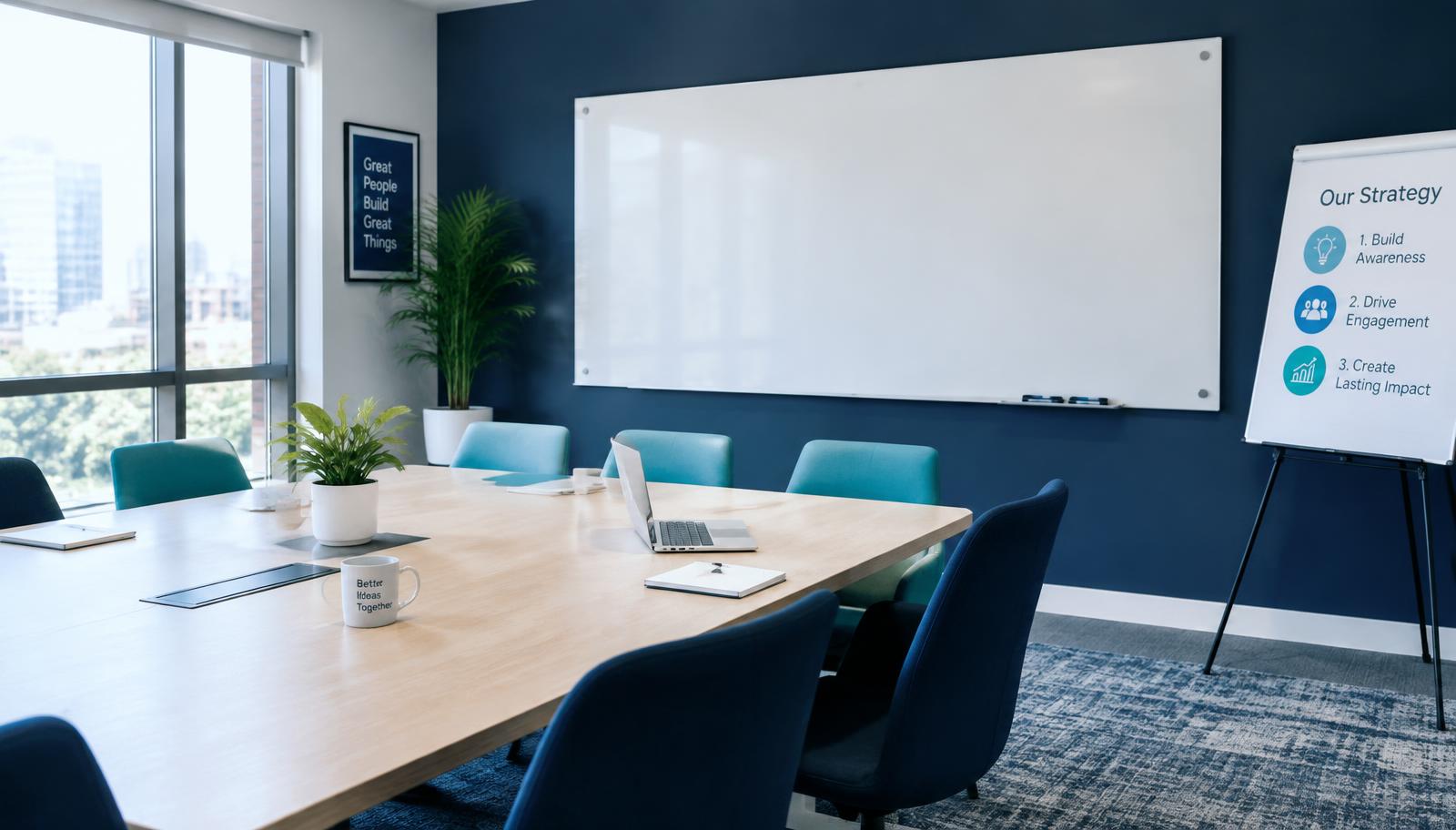 Modern meeting room with whiteboard and presentation easel